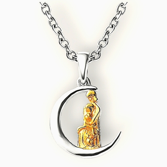🔥14K Yellow Gold Over Sterling Silver Mom&Baby Pendant on Stainless Steel Chain - Picture 1 of 6